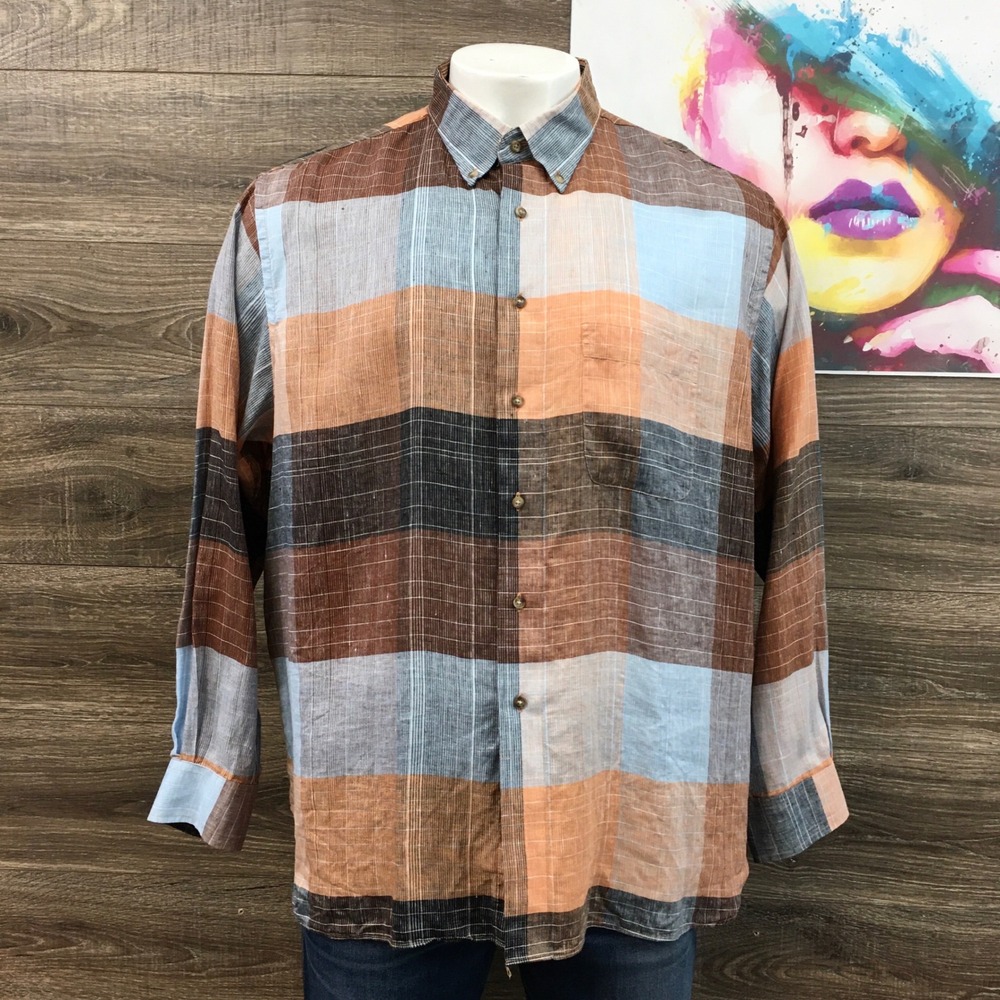 Paul Fredrick Mens XXL Pure Linen Plaid Button Down Shirt Classic Fit Multicolor